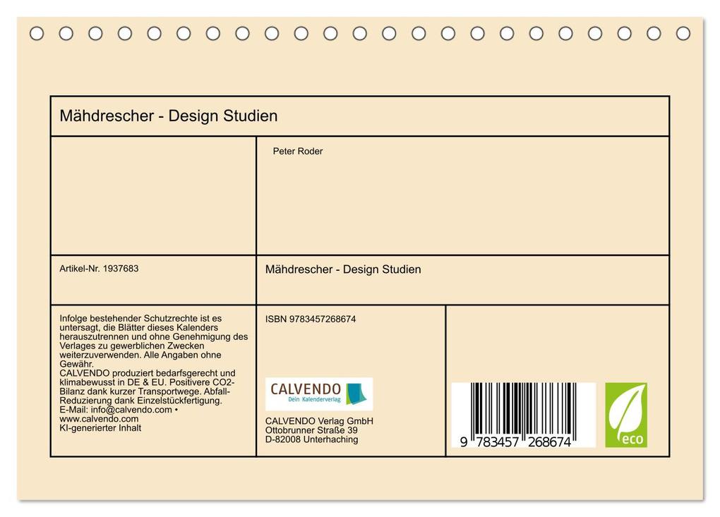 Weitere Ansicht: Mähdrescher - Design Studien (Tischkalender 2026 DIN A5 quer), CALVENDO Monatskalender | Peter Roder, Calvendo