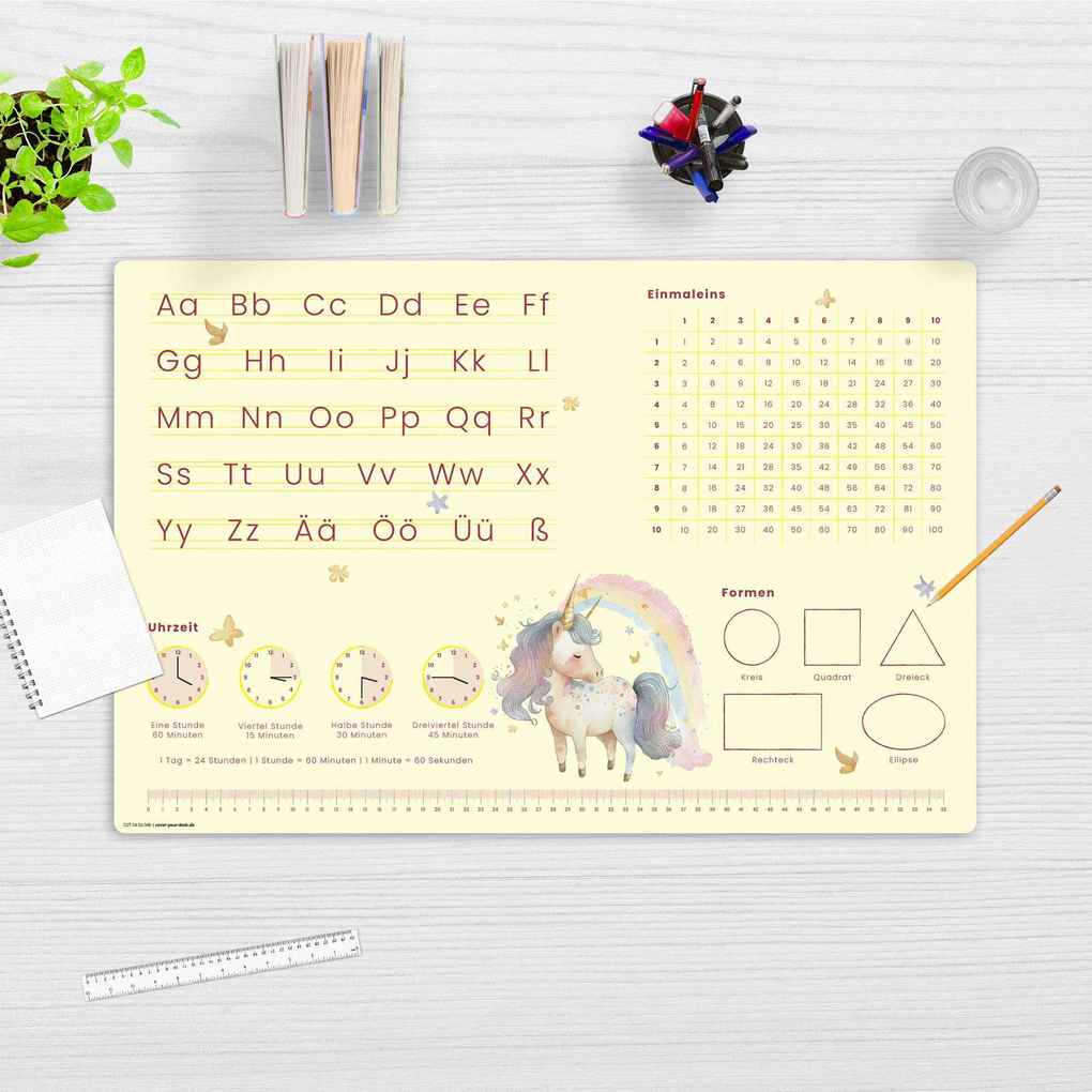 Weitere Ansicht: Cover-your-desk Schreibtischunterlage für Kinder Lernunterlage Einschulung, Einhorn Optik, ABC, 1x1, Uhrzeiten, aus hochwertigem Vinyl, 60 x 40 cm