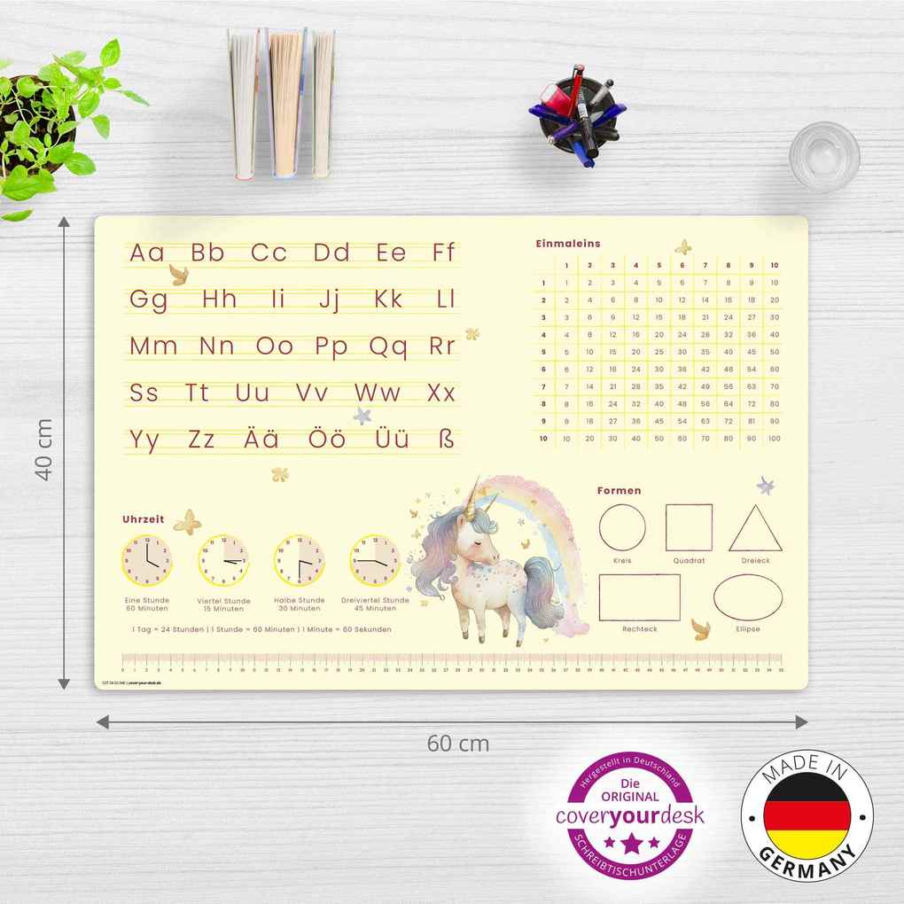 Weitere Ansicht: Cover-your-desk Schreibtischunterlage für Kinder Lernunterlage Einschulung, Einhorn Optik, ABC, 1x1, Uhrzeiten, aus hochwertigem Vinyl, 60 x 40 cm