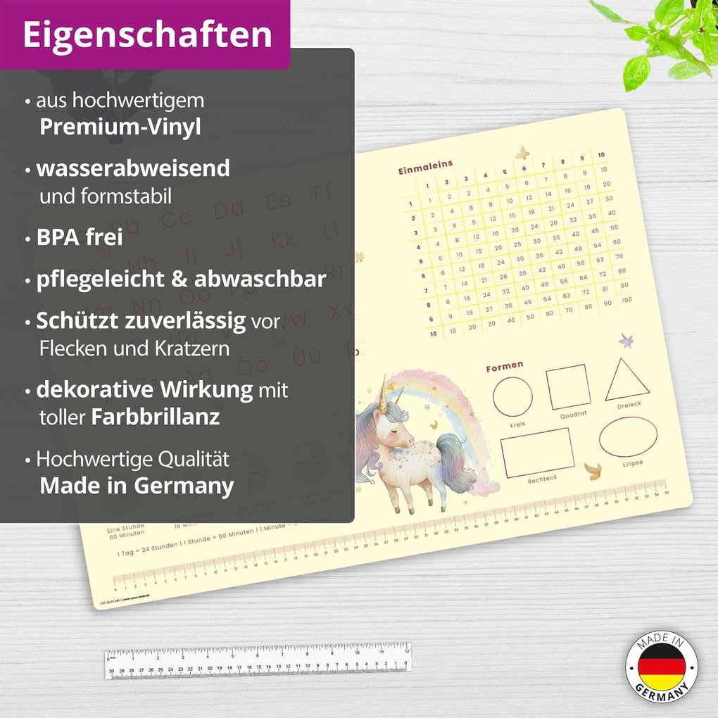Weitere Ansicht: Cover-your-desk Schreibtischunterlage für Kinder Lernunterlage Einschulung, Einhorn Optik, ABC, 1x1, Uhrzeiten, aus hochwertigem Vinyl, 60 x 40 cm