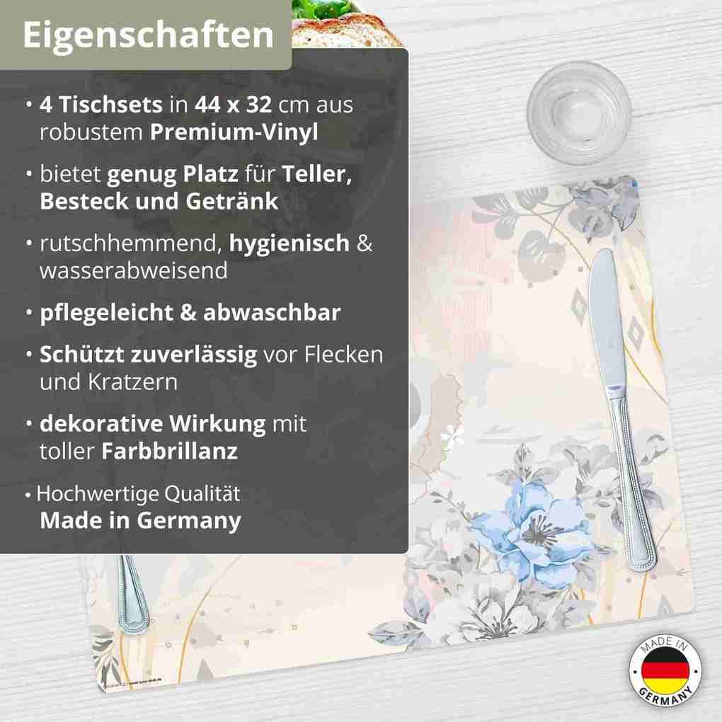 Weitere Ansicht: Tischsetmacher Tischsets Blaue Blumen Aquarell, aus hochwertigem Vinyl (4 Stück), 44 x 32 cm
