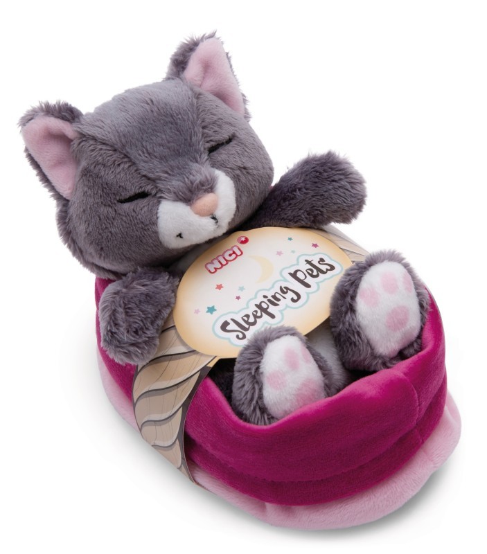 Produktbild: NICI - Sleeping Pets - Green - Katze grau 12cm schlafend im Körbchen rosa