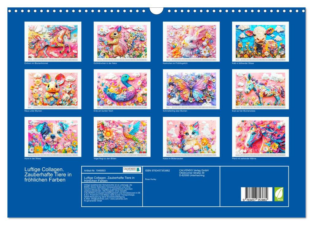 Weitere Ansicht: Luftige Collagen. Zauberhafte Tiere in fröhlichen Farben (Wandkalender 2026 DIN A3 quer), CALVENDO Monatskalender | Rose Hurley, Calvendo