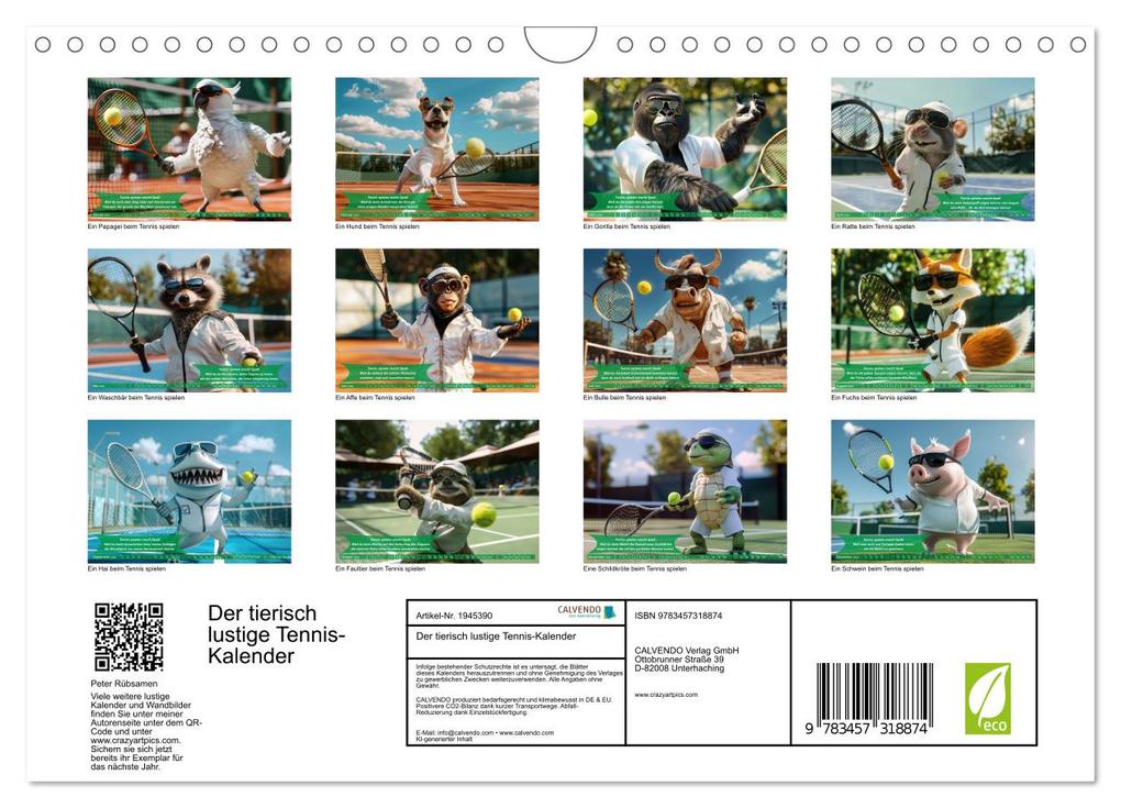Weitere Ansicht: Der tierisch lustige Tennis-Kalender (Wandkalender 2026 DIN A4 quer), CALVENDO Monatskalender | Calvendo, Peter Rübsamen