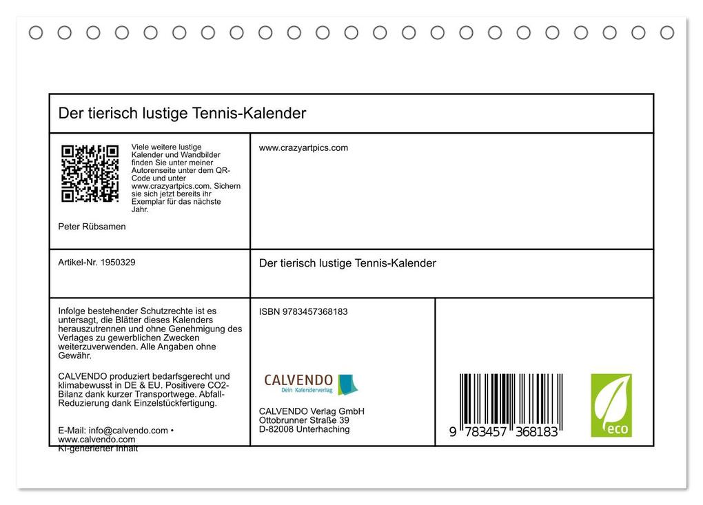 Weitere Ansicht: Der tierisch lustige Tennis-Kalender (Tischkalender 2026 DIN A5 quer), CALVENDO Monatskalender | Calvendo, Peter Rübsamen