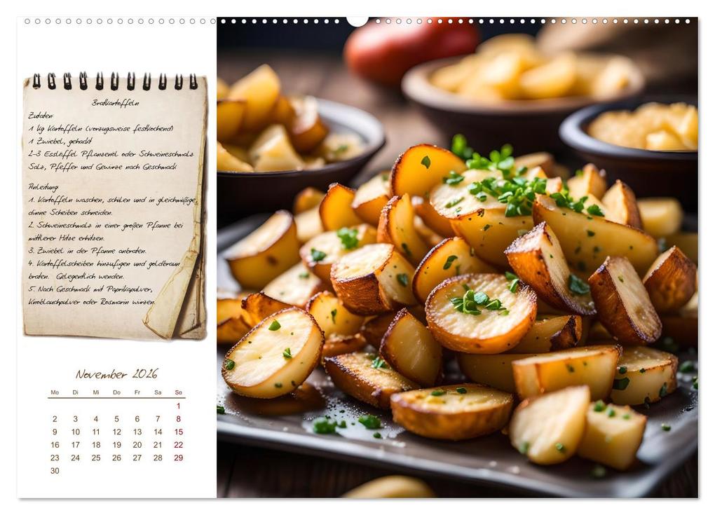 Weitere Ansicht: Kartoffelzeit - Zwölf klassische KI Kartoffelgerichte mit Rezept (Wandkalender 2026 DIN A2 quer), CALVENDO Monatskalender | Calvendo, Fred Schimak