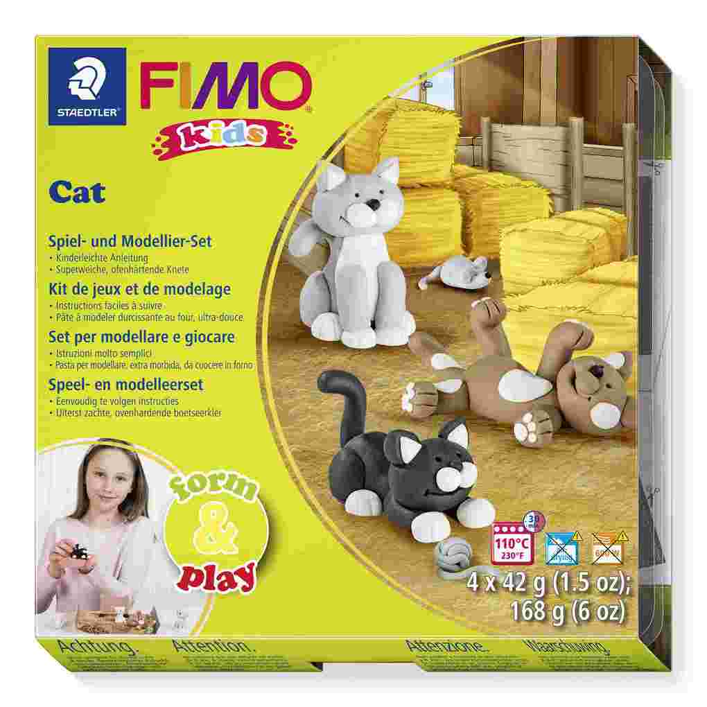 Produktbild: STAEDTLER FIMO kids 8034, ofenhärtende Modelliermasse, Set "Cat" mit 4 Blöcken 42 g, Modellierstab