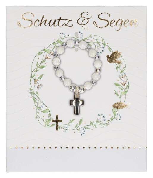 Produktbild: Butzon & Bercker Tauf-Armband - Stretch-Armband mit weißen Glasperlen, Rosenperlen aus Metall und Kreuz-Anhänger, Lieferung in Geschenkverpackung