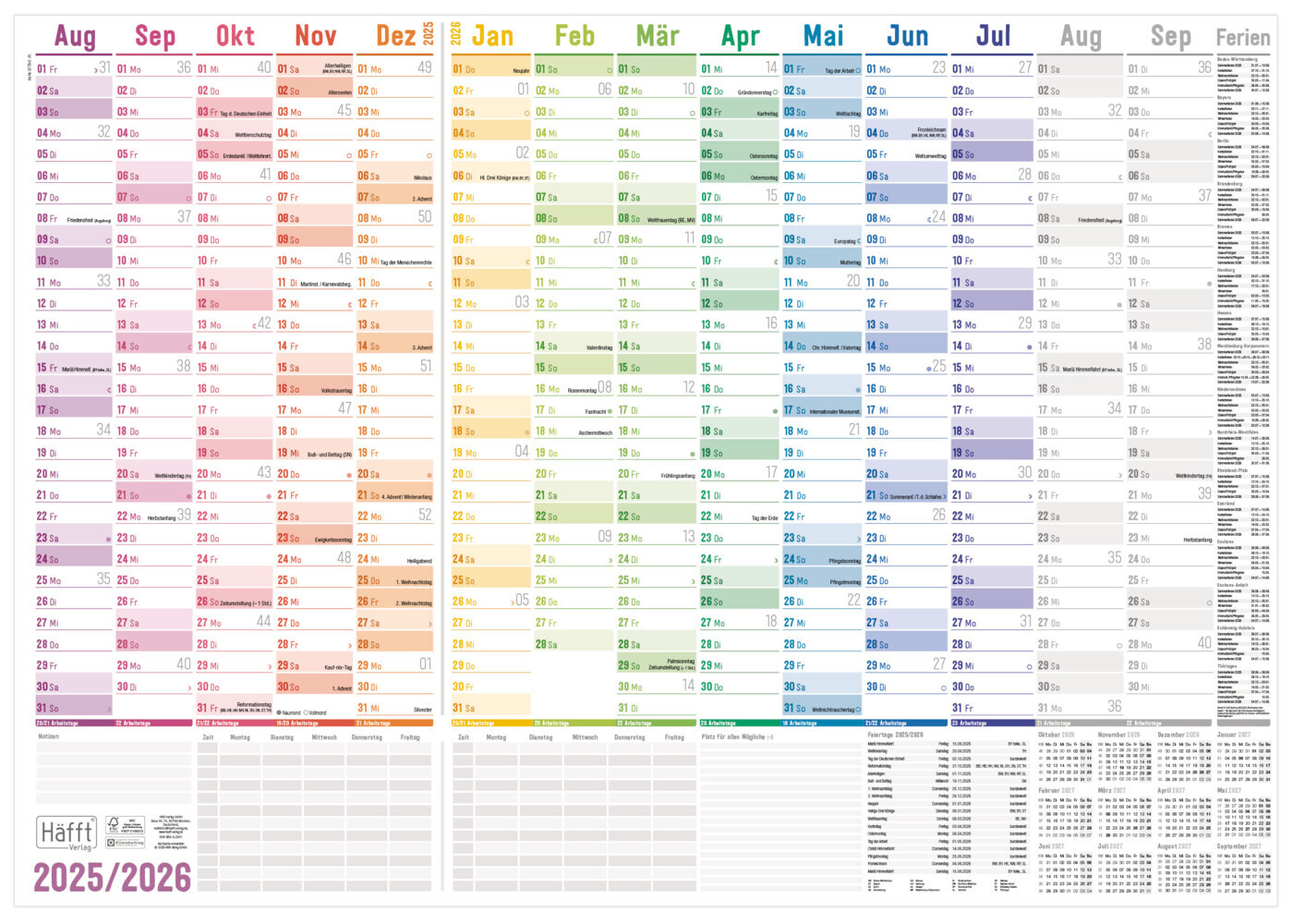 Produktbild: Wandkalender Schuljahr 25/26 [Rainbow] 89cm x 63cm (A1+) gefalzt Eurolochung