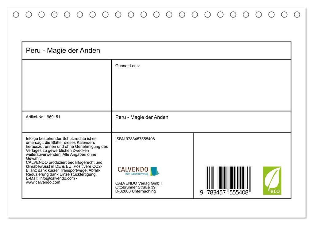 Weitere Ansicht: Peru - Magie der Anden (Tischkalender 2026 DIN A5 quer), CALVENDO Monatskalender | Gunnar Lentz, Calvendo