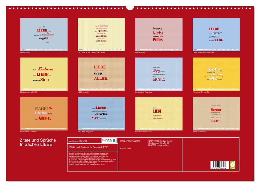 Weitere Ansicht: Zitate und Sprüche In Sachen LIEBE (Wandkalender 2026 DIN A2 quer), CALVENDO Monatskalender | Angelika Keller, Calvendo