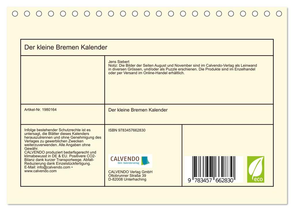 Weitere Ansicht: Der kleine Bremen Kalender (Tischkalender 2026 DIN A5 quer), CALVENDO Monatskalender | Calvendo, Jens Siebert
