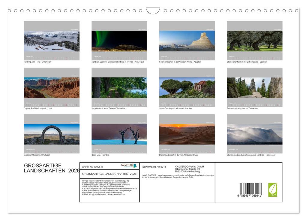 Weitere Ansicht: GROSSARTIGE LANDSCHAFTEN 2026 (Wandkalender 2026 DIN A3 quer), CALVENDO Monatskalender | Calvendo, Hans Gasser