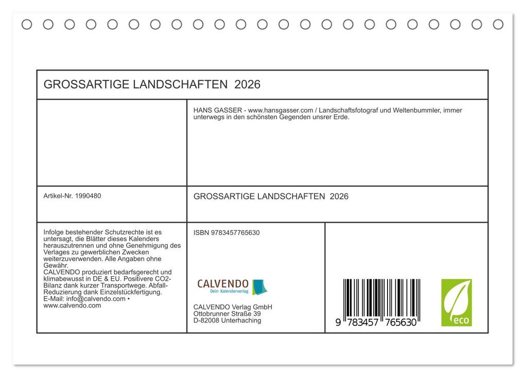 Weitere Ansicht: GROSSARTIGE LANDSCHAFTEN 2026 (Tischkalender 2026 DIN A5 quer), CALVENDO Monatskalender | Calvendo, Hans Gasser