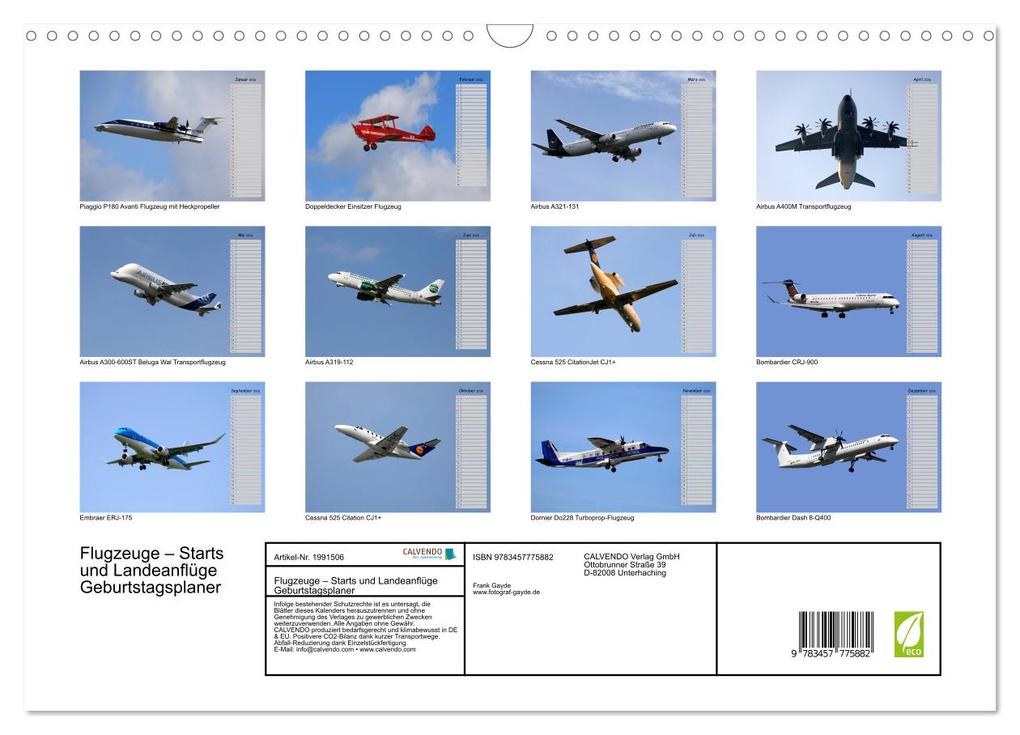 Weitere Ansicht: Flugzeuge - Starts und Landeanflüge Geburtstagsplaner (Wandkalender 2026 DIN A3 quer), CALVENDO Monatskalender | Frank Gayde, Calvendo