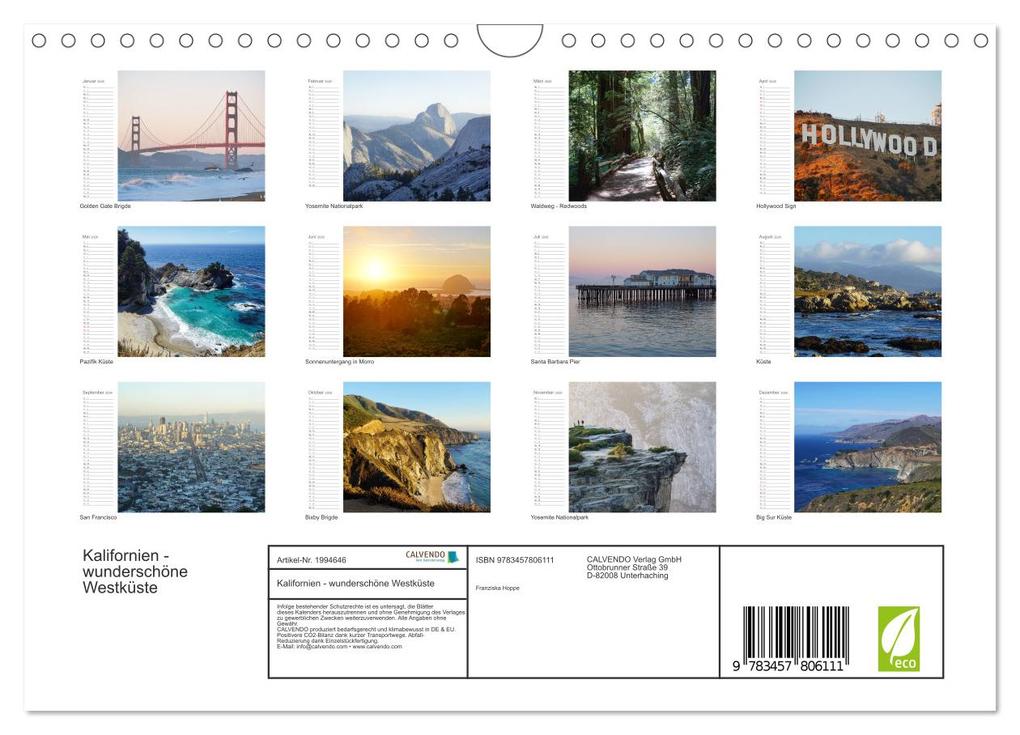 Weitere Ansicht: Kalifornien - wunderschöne Westküste (Wandkalender 2026 DIN A4 quer), CALVENDO Monatskalender | Franziska Hoppe, Calvendo
