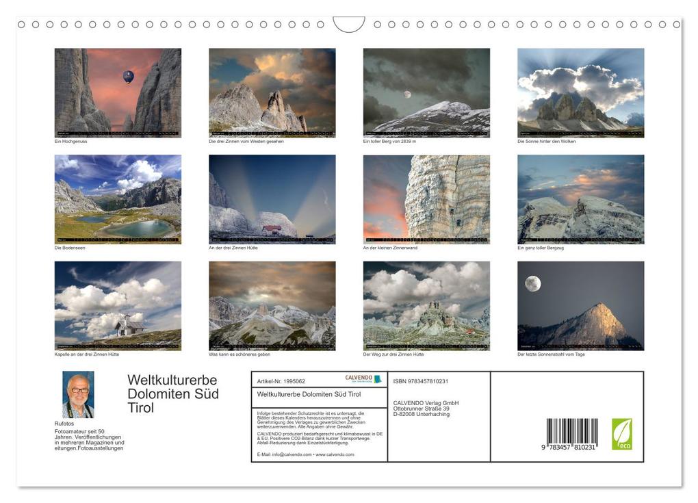 Weitere Ansicht: Weltkulturerbe Dolomiten Süd Tirol (Wandkalender 2026 DIN A3 quer), CALVENDO Monatskalender | Rufotos Rufotos, Calvendo, Rufotos
