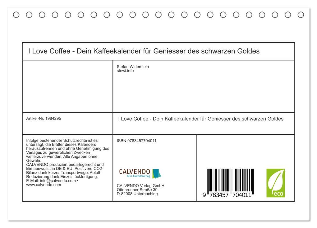 Weitere Ansicht: I Love Coffee - Dein Kaffeekalender für Geniesser des schwarzen Goldes (Tischkalender 2026 DIN A5 quer), CALVENDO Monatskalender | Stefan Widerstein - SteWi.info, Calvendo