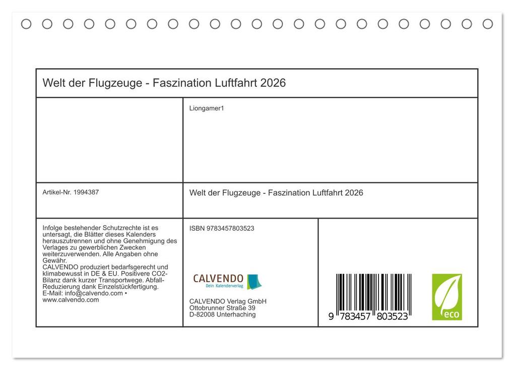 Weitere Ansicht: Welt der Flugzeuge - Faszination Luftfahrt 2026 (Tischkalender 2026 DIN A5 quer), CALVENDO Monatskalender | Liongamer1 Liongamer1, Calvendo, Liongamer1