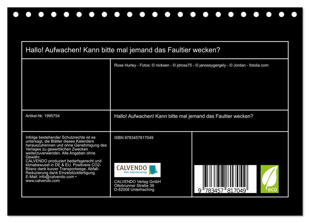Weitere Ansicht: Hallo! Aufwachen! Kann bitte mal jemand das Faultier wecken? (Tischkalender 2026 DIN A5 quer), CALVENDO Monatskalender | Calvendo, Rose Hurley