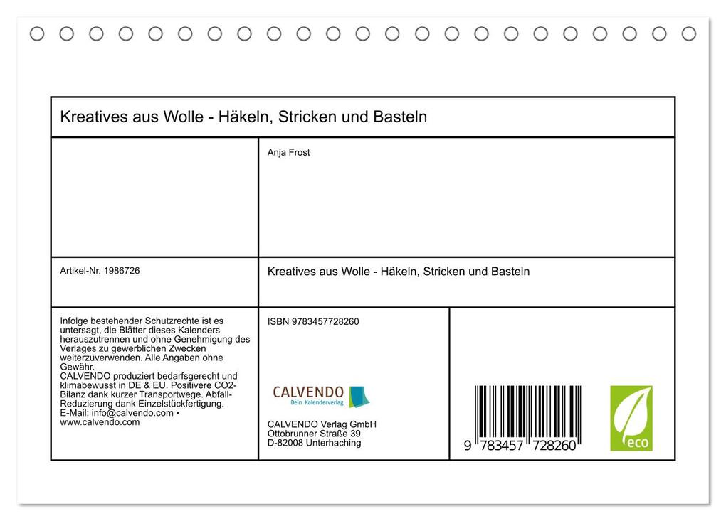 Weitere Ansicht: Kreatives aus Wolle - Häkeln, Stricken und Basteln (Tischkalender 2026 DIN A5 quer), CALVENDO Monatskalender | Anja Frost, Calvendo