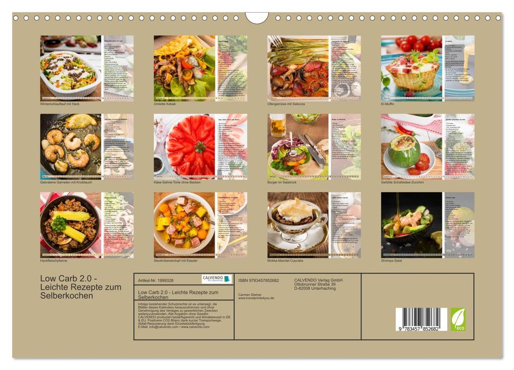Weitere Ansicht: Low Carb 2.0 - Leichte Rezepte zum Selberkochen (Wandkalender 2026 DIN A3 quer), CALVENDO Monatskalender | Carmen Steiner, Calvendo