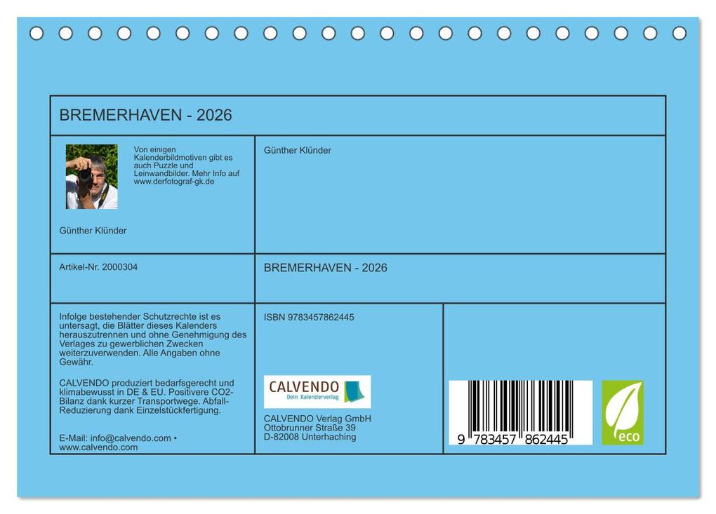 Weitere Ansicht: BREMERHAVEN - 2026 (Tischkalender 2026 DIN A5 quer), CALVENDO Monatskalender | Calvendo, Günther Klünder