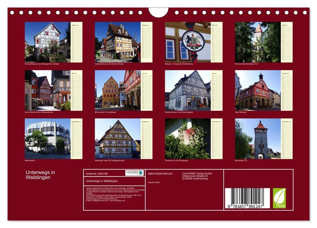 Weitere Ansicht: Unterwegs in Waiblingen (Wandkalender 2026 DIN A4 quer), CALVENDO Monatskalender | Angelika Keller, Calvendo