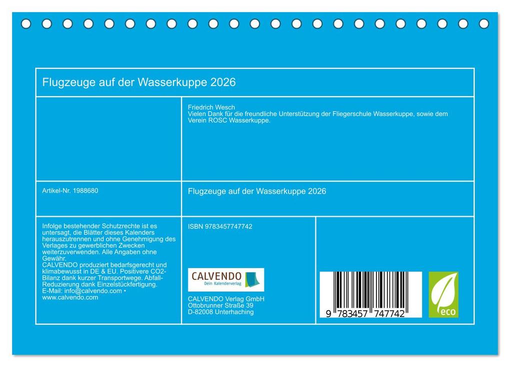 Weitere Ansicht: Flugzeuge auf der Wasserkuppe 2026 (Tischkalender 2026 DIN A5 quer), CALVENDO Monatskalender | Friedrich Wesch, Calvendo