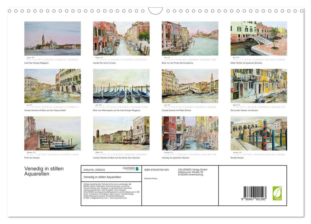 Weitere Ansicht: Venedig in stillen Aquarellen (Wandkalender 2026 DIN A3 quer), CALVENDO Monatskalender | Gerhard Kraus, Calvendo