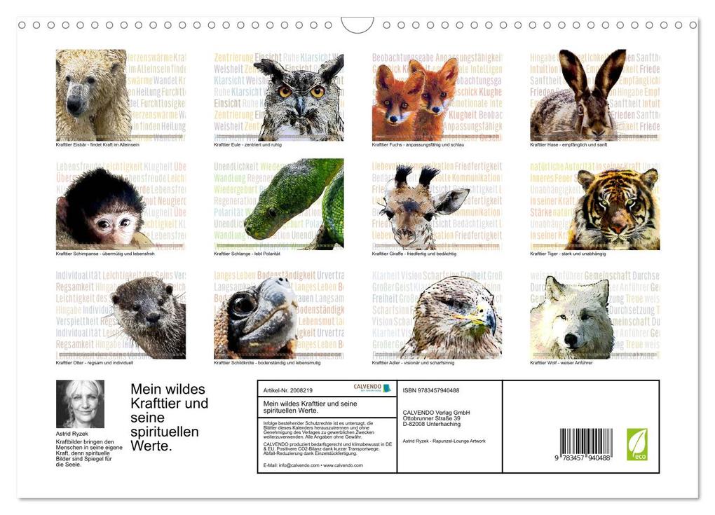 Weitere Ansicht: Mein wildes Krafttier und seine spirituellen Werte. (Wandkalender 2026 DIN A3 quer), CALVENDO Monatskalender | Calvendo, Astrid Ryzek