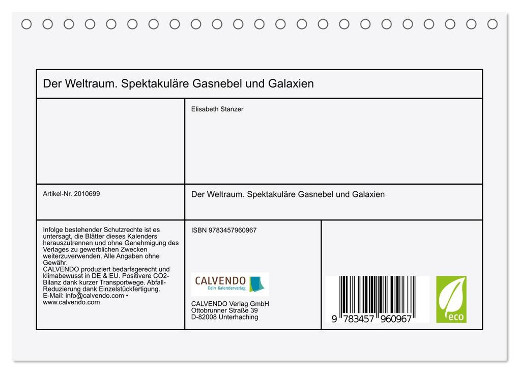 Weitere Ansicht: Der Weltraum. Spektakuläre Gasnebel und Galaxien (Tischkalender 2026 DIN A5 quer), CALVENDO Monatskalender | Calvendo, Elisabeth Stanzer