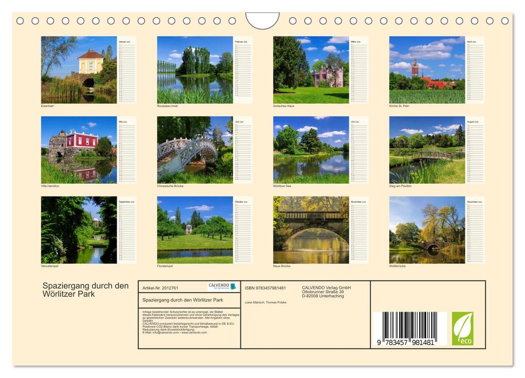 Weitere Ansicht: Spaziergang durch den Wörlitzer Park (Wandkalender 2026 DIN A4 quer), CALVENDO Monatskalender | Calvendo, LianeM, LianeM LianeM