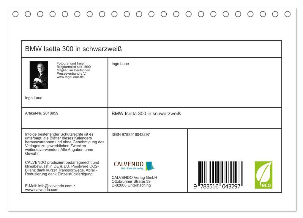Weitere Ansicht: BMW Isetta 300 in schwarzweiß (Tischkalender 2026 DIN A5 quer), CALVENDO Monatskalender | Ingo Laue, Calvendo