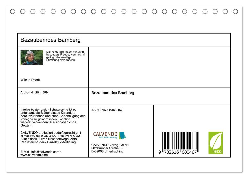 Weitere Ansicht: Bezauberndes Bamberg (Tischkalender 2026 DIN A5 quer), CALVENDO Monatskalender | Wiltrud Doerk, Calvendo