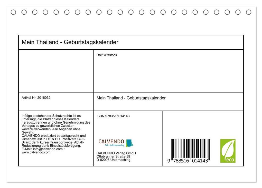 Weitere Ansicht: Mein Thailand - Geburtstagskalender (Tischkalender 2026 DIN A5 quer), CALVENDO Monatskalender | Ralf Wittstock, Calvendo