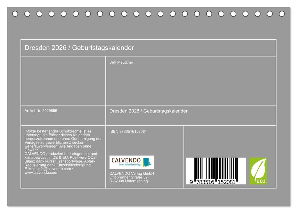Weitere Ansicht: Dresden 2026 / Geburtstagskalender (Tischkalender 2026 DIN A5 quer), CALVENDO Monatskalender | Dirk Meutzner, Calvendo