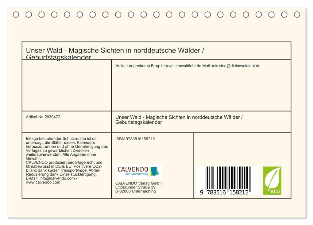 Weitere Ansicht: Unser Wald - Magische Sichten in norddeutsche Wälder / Geburtstagskalender (Tischkalender 2026 DIN A5 quer), CALVENDO Monatskalender | Heike Langenkamp, Calvendo