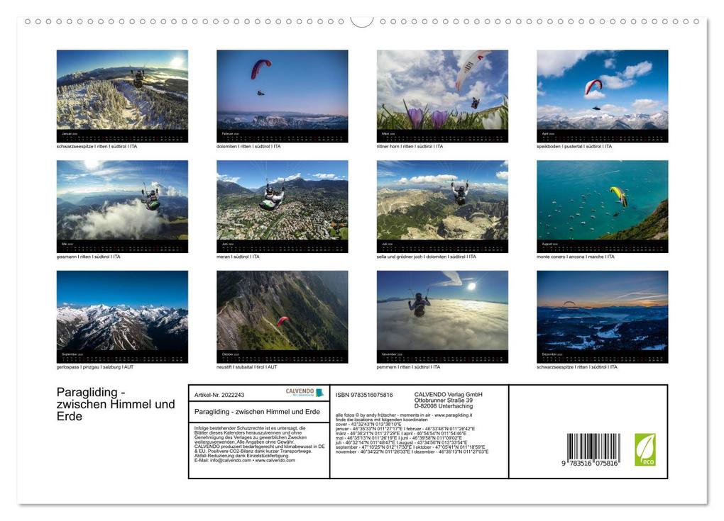 Weitere Ansicht: Paragliding - zwischen Himmel und Erde (hochwertiger Premium Wandkalender 2026 DIN A2 quer), Kunstdruck in Hochglanz | Andy Frötscher - moments in air, Calvendo