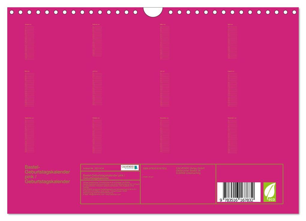 Weitere Ansicht: Bastel-Geburtstagskalender pink / Geburtstagskalender (Wandkalender 2026 DIN A4 quer), CALVENDO Monatskalender | Kreativ ist gut, Calvendo