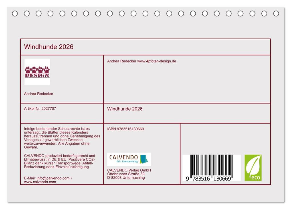 Weitere Ansicht: Windhunde 2026 (Tischkalender 2026 DIN A5 quer), CALVENDO Monatskalender | Andrea Redecker, Calvendo