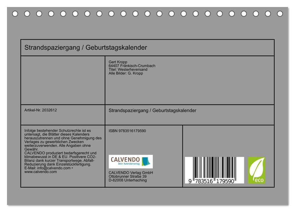 Weitere Ansicht: Strandspaziergang / Geburtstagskalender (Tischkalender 2026 DIN A5 quer), CALVENDO Monatskalender | Calvendo, Gert Kropp
