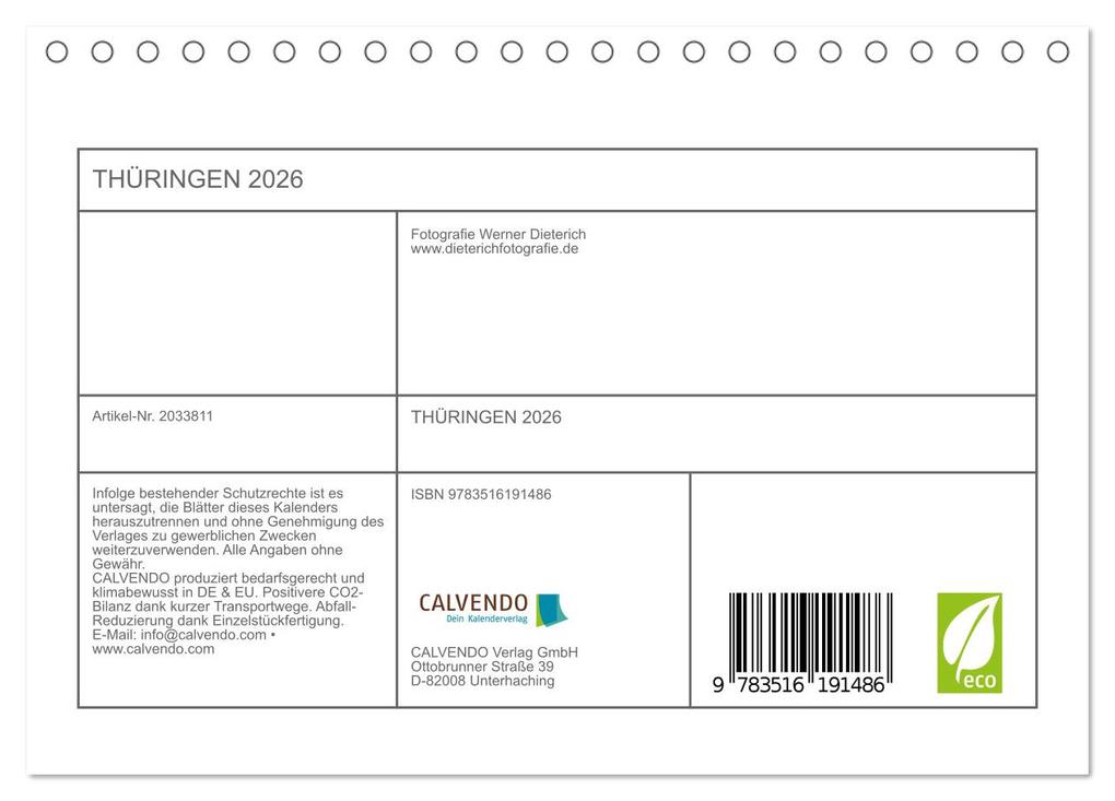 Weitere Ansicht: THÜRINGEN 2026 (Tischkalender 2026 DIN A5 quer), CALVENDO Monatskalender | Werner Dieterich, Calvendo