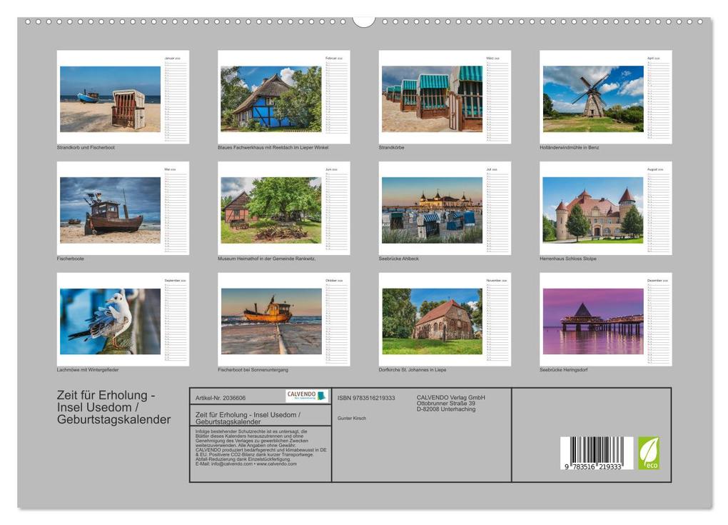 Weitere Ansicht: Zeit für Erholung - Insel Usedom / Geburtstagskalender (hochwertiger Premium Wandkalender 2026 DIN A2 quer), Kunstdruck in Hochglanz | Gunter Kirsch, Calvendo