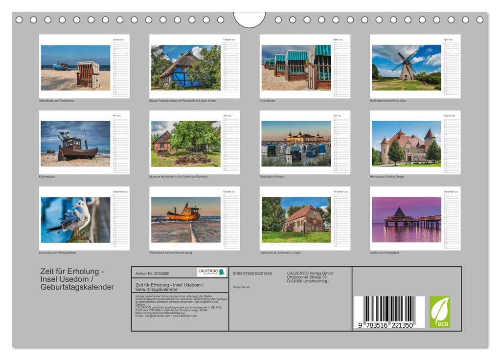 Weitere Ansicht: Zeit für Erholung - Insel Usedom / Geburtstagskalender (Wandkalender 2026 DIN A4 quer), CALVENDO Monatskalender | Calvendo, Gunter Kirsch