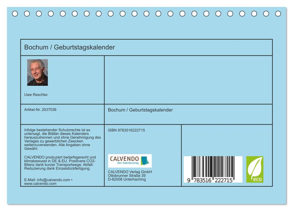 Weitere Ansicht: Bochum / Geburtstagskalender (Tischkalender 2026 DIN A5 quer), CALVENDO Monatskalender | Uwe Reschke, Calvendo