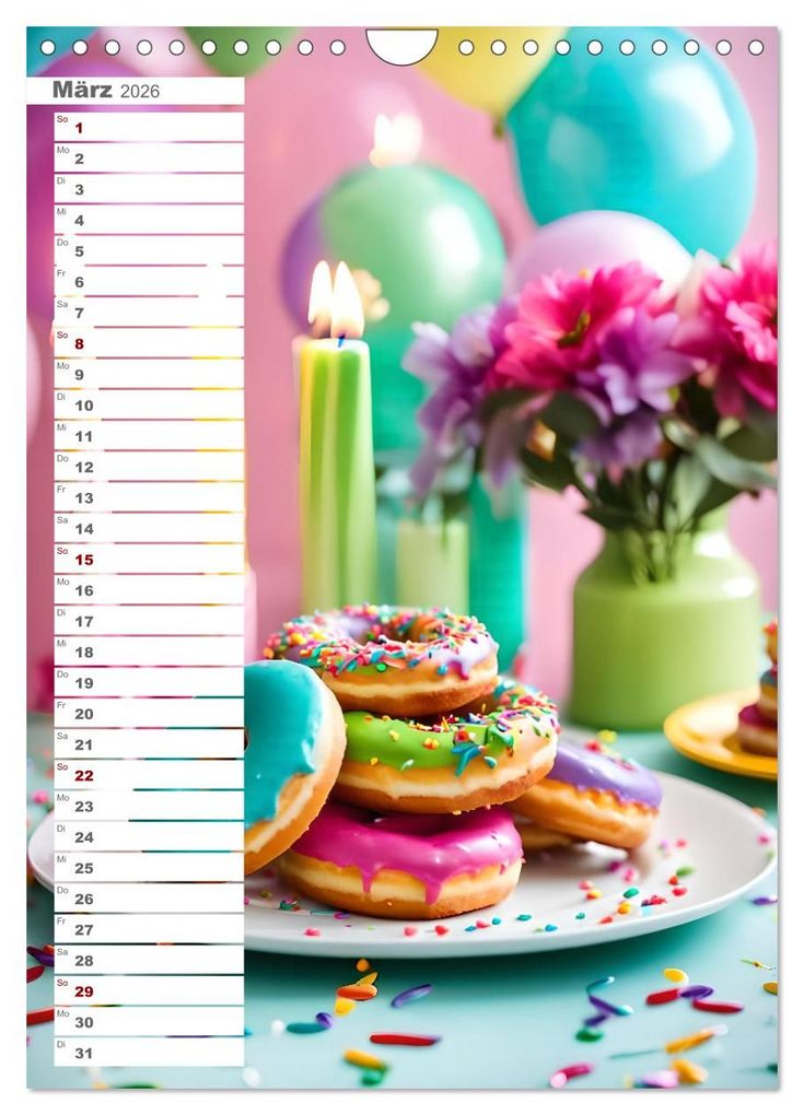 Weitere Ansicht: Donuts and Birthdays, süßer Geburtstagskalender mit bunte KI Donuts (Wandkalender 2026 DIN A4 hoch), CALVENDO Monatskalender | Fred Schimak, Calvendo