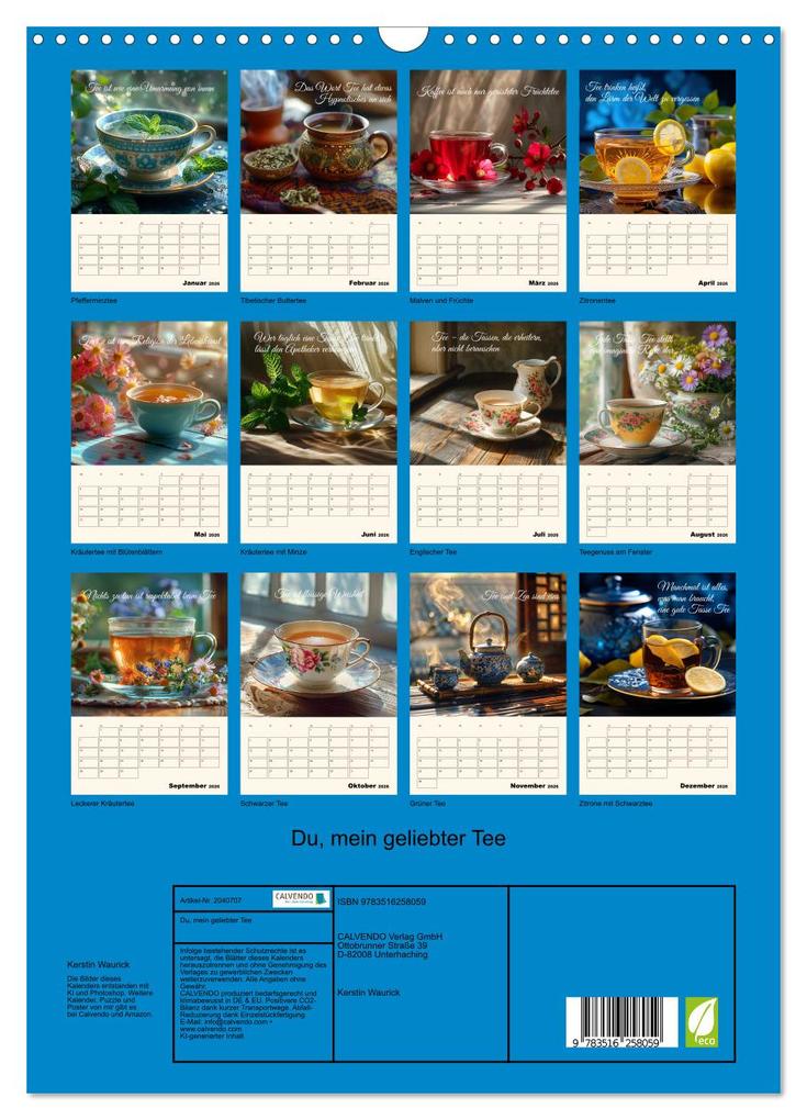 Weitere Ansicht: Du, mein geliebter Tee (Wandkalender 2026 DIN A3 hoch), CALVENDO Monatskalender | Kerstin Waurick, Calvendo