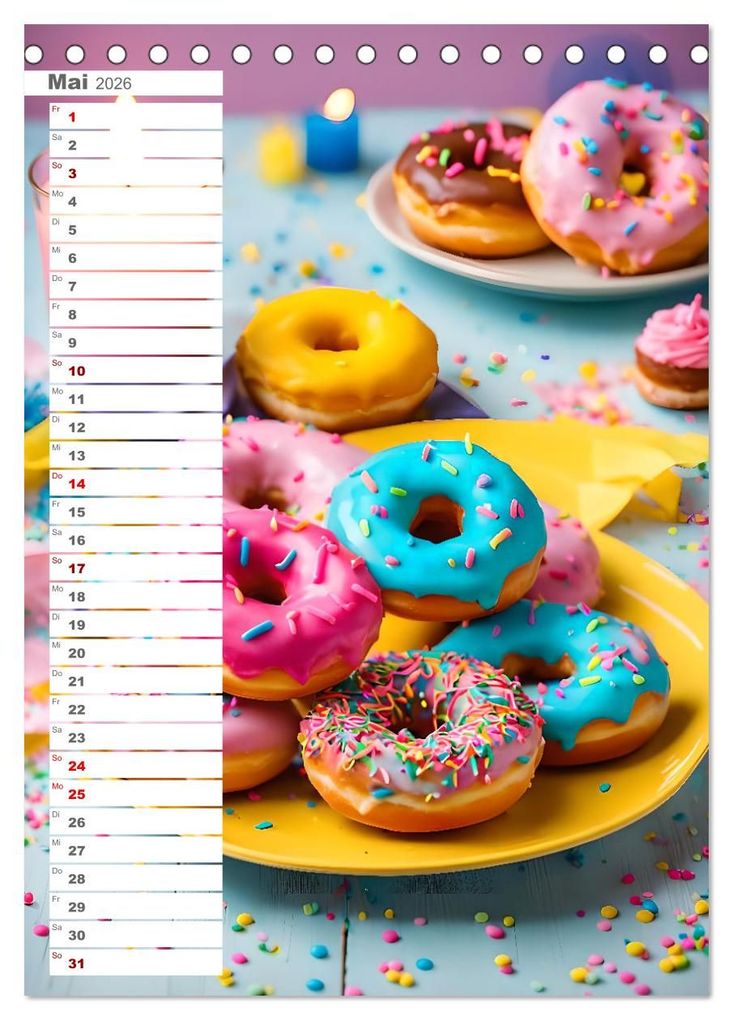 Weitere Ansicht: Donuts and Birthdays, süßer Geburtstagskalender mit bunte KI Donuts (Tischkalender 2026 DIN A5 hoch), CALVENDO Monatskalender | Fred Schimak, Calvendo