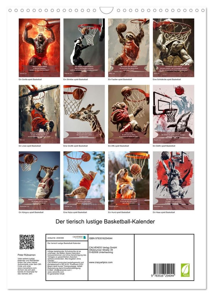 Weitere Ansicht: Der tierisch lustige Basketball-Kalender (Wandkalender 2026 DIN A3 hoch), CALVENDO Monatskalender | Peter Rübsamen, Calvendo